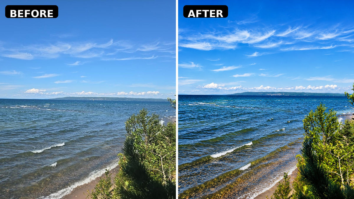 Before and after natural photo enhancement proof showing a shoreline scene with improved sky, water color, contrast, and detail.